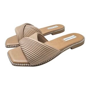 Steve Madden Ravina Studded‎ Slides Sandals Tan Nude Square Toe Sz 9